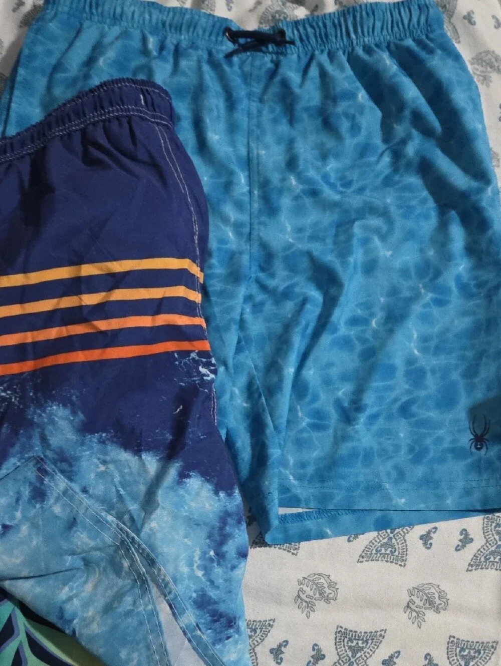 Boys Blue Tropical Print Swim Trunks with Drawstring.  3 Pair XL Boy.